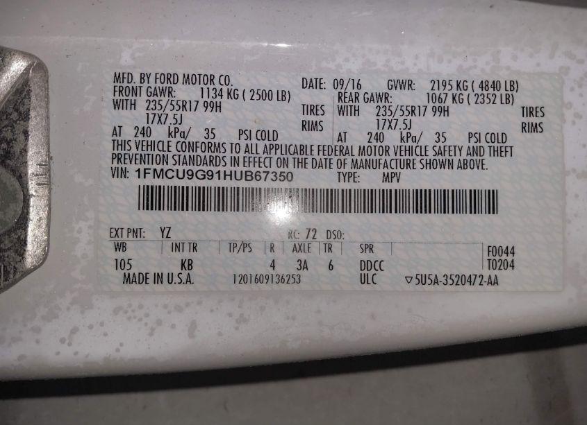 Photo 9 of 2017 Ford Escape SE (VIN 1FMCU9G91HUB67350)