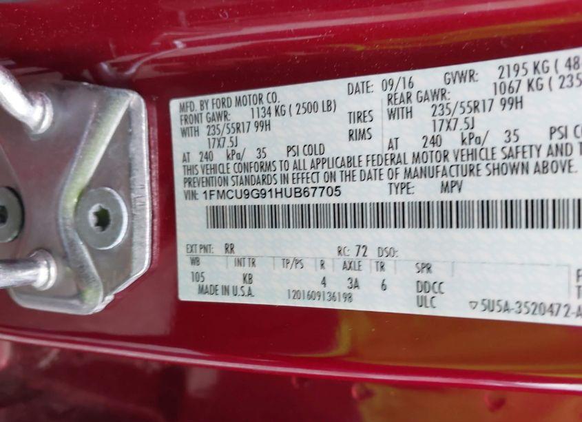 Photo 9 of 2017 Ford Escape SE (VIN 1FMCU9G91HUB67705)