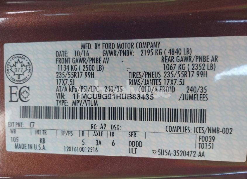 Photo 9 of 2017 Ford Escape SE (VIN 1FMCU9G91HUB83435)