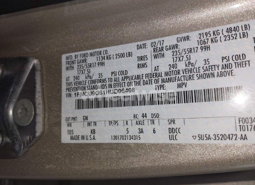 Photo 9 of 2017 Ford Escape SE (VIN 1FMCU9G91HUD06408)