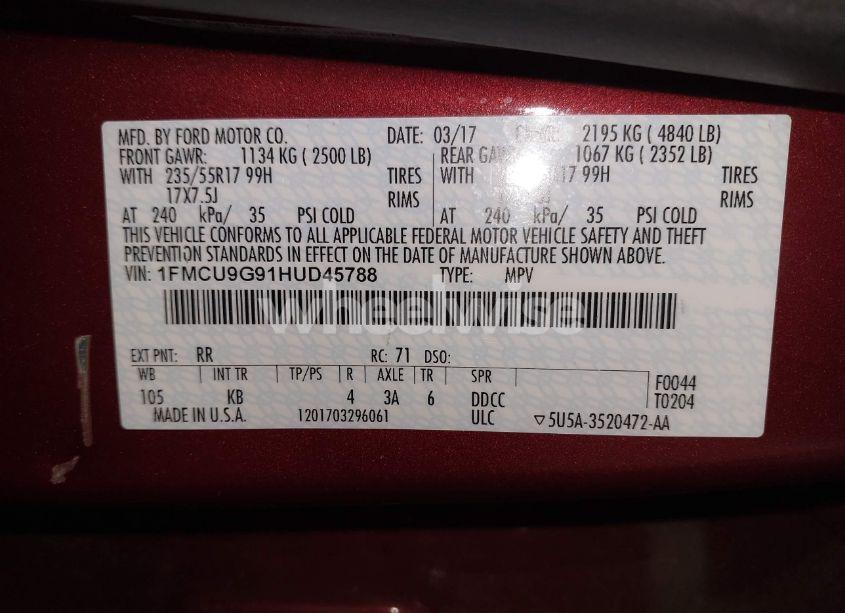 Photo 9 of 2017 Ford Escape SE (VIN 1FMCU9G91HUD45788)