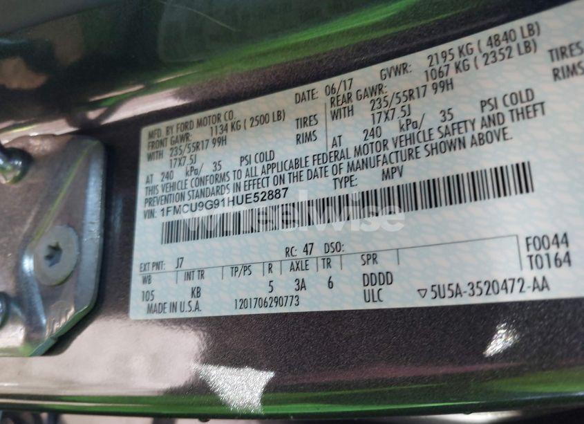 Photo 9 of 2017 Ford Escape SE (VIN 1FMCU9G91HUE52887)