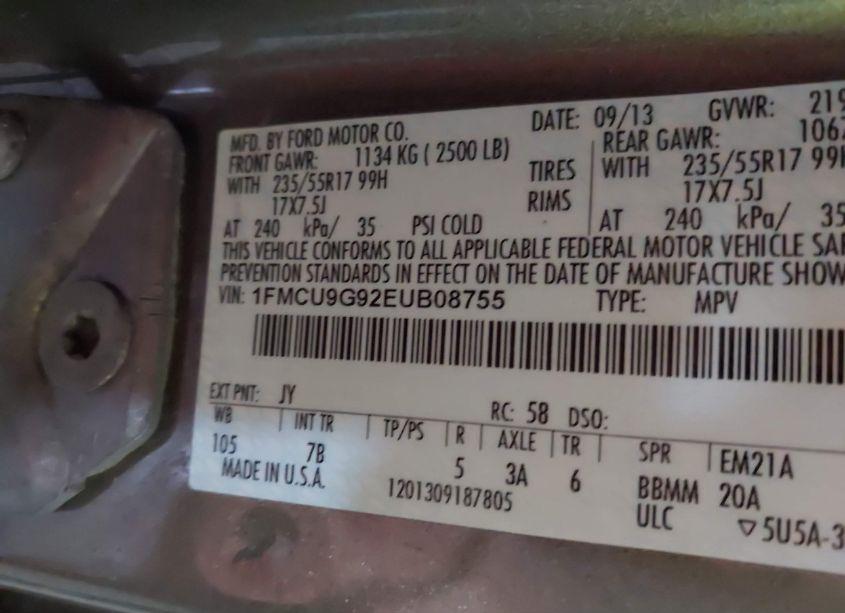 Photo 9 of 2014 Ford Escape SE (VIN 1FMCU9G92EUB08755)