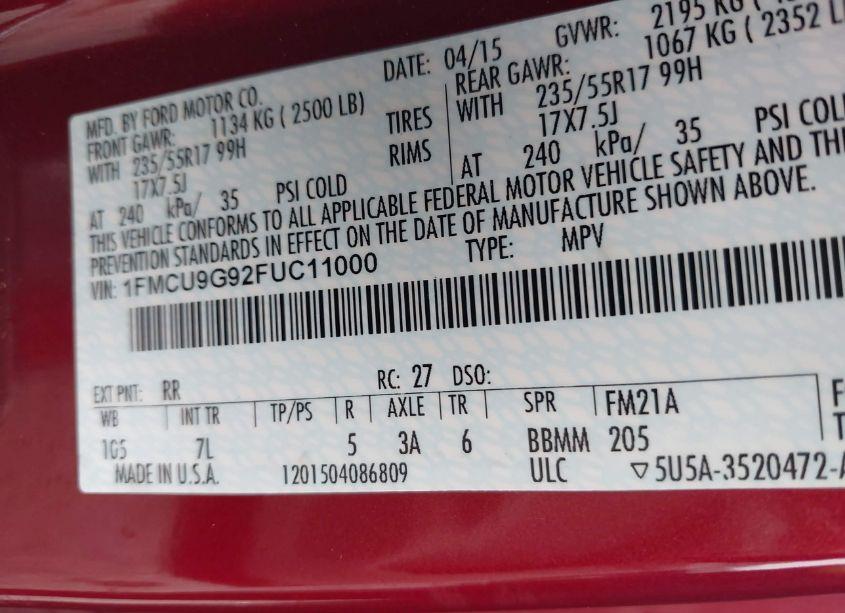 Photo 9 of 2015 Ford Escape SE (VIN 1FMCU9G92FUC11000)