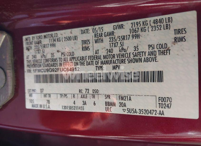 Photo 9 of 2015 Ford Escape SE (VIN 1FMCU9G92FUC64912)