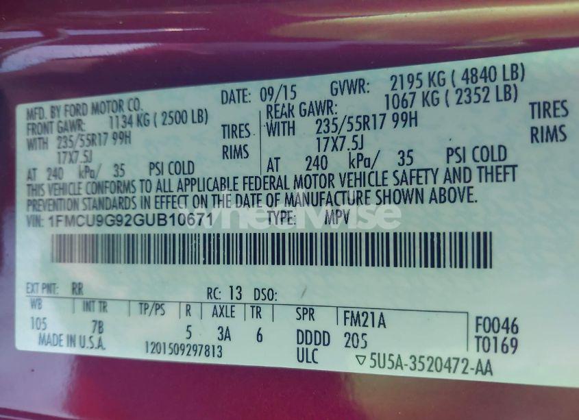 Photo 9 of 2016 Ford Escape SE (VIN 1FMCU9G92GUB10671)