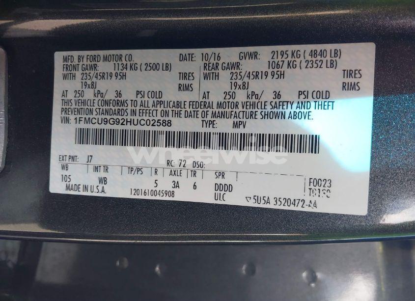 Photo 9 of 2017 Ford Escape SE (VIN 1FMCU9G92HUC02588)