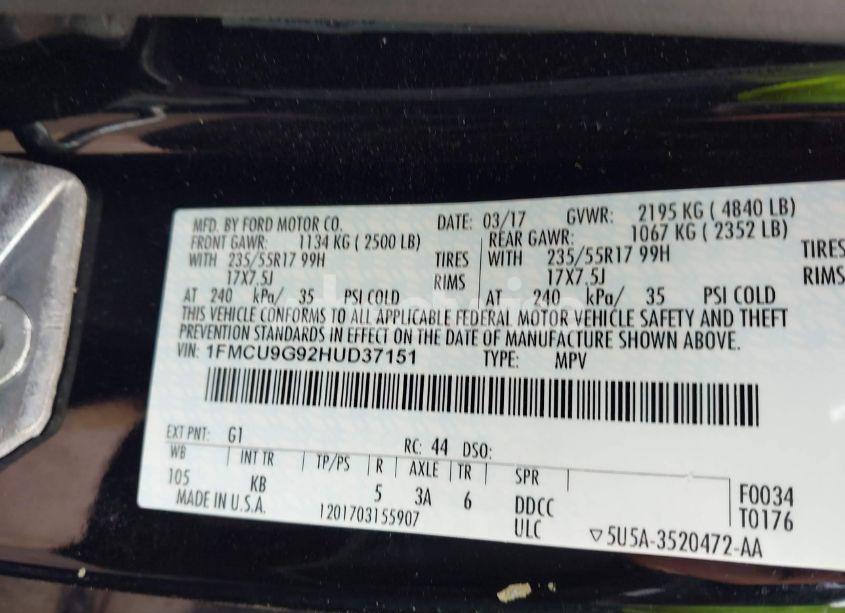 Photo 9 of 2017 Ford Escape SE (VIN 1FMCU9G92HUD37151)