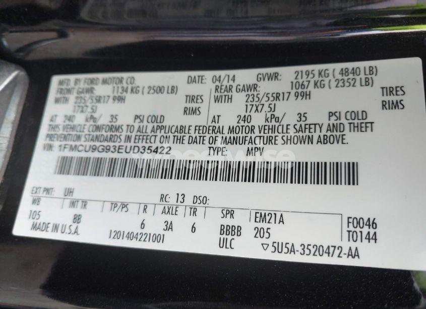 Photo 9 of 2014 Ford Escape SE (VIN 1FMCU9G93EUD35422)