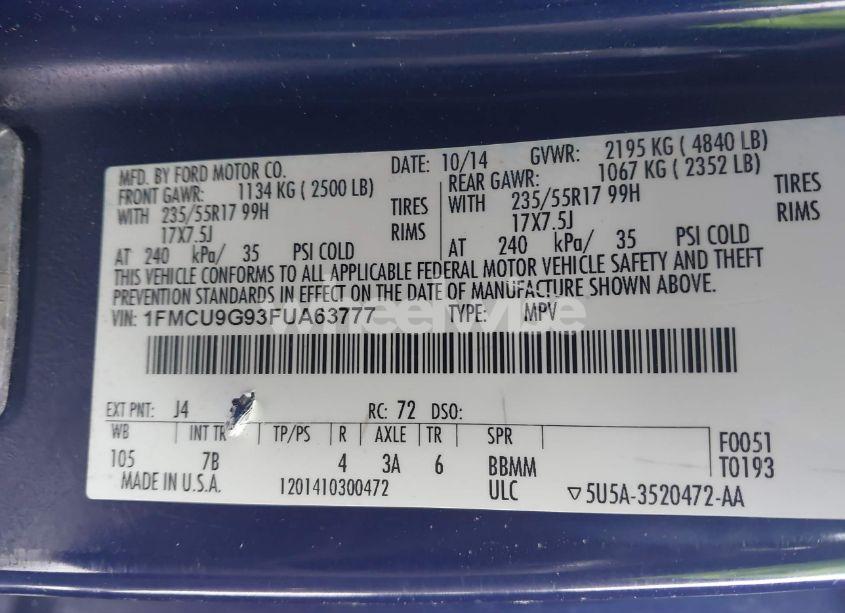 Photo 9 of 2015 Ford Escape SE (VIN 1FMCU9G93FUA63777)