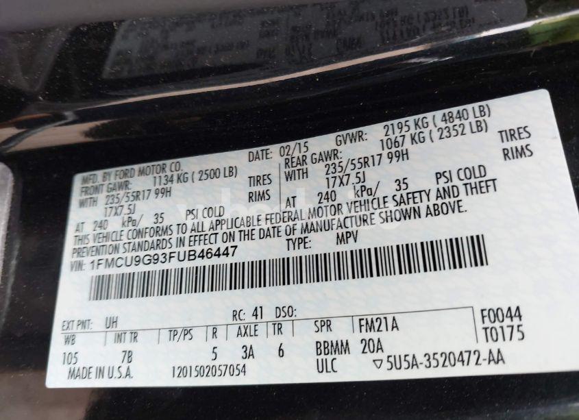 Photo 9 of 2015 Ford Escape SE (VIN 1FMCU9G93FUB46447)