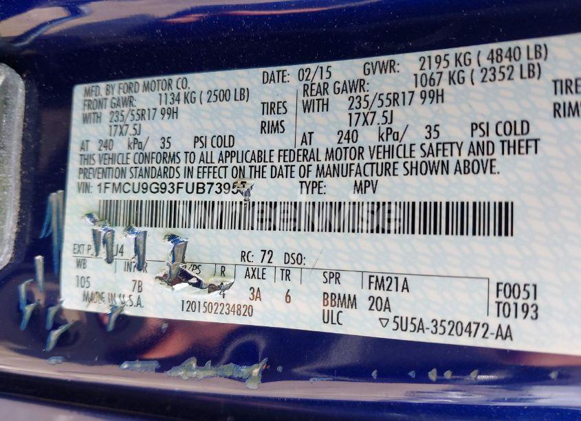 Photo 9 of 2015 Ford Escape SE (VIN 1FMCU9G93FUB73955)