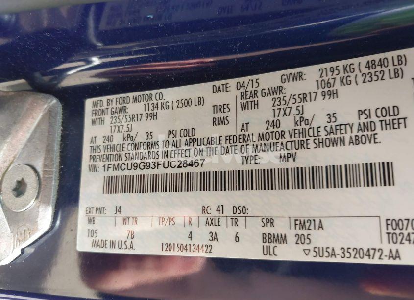 Photo 9 of 2015 Ford Escape SE (VIN 1FMCU9G93FUC28467)