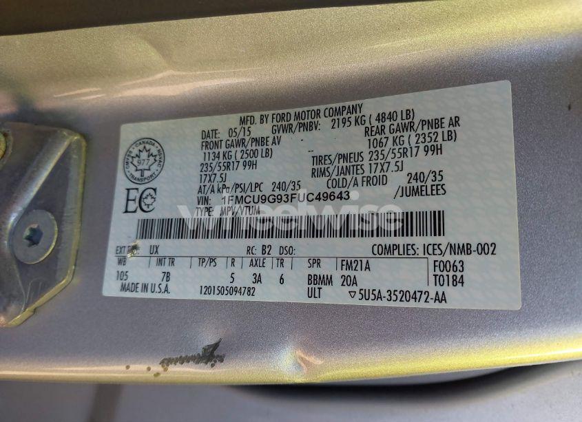 Photo 9 of 2015 Ford Escape SE (VIN 1FMCU9G93FUC49643)