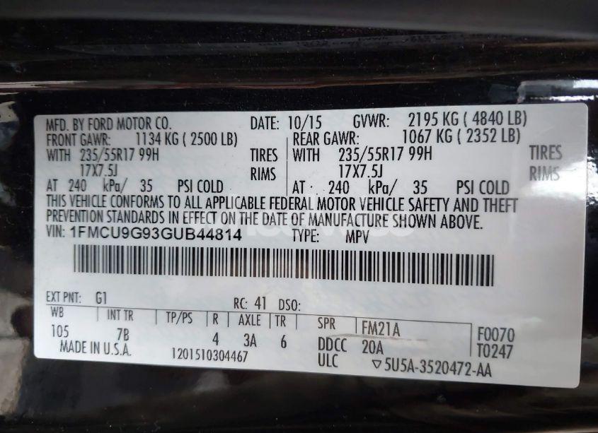 Photo 9 of 2016 Ford Escape SE (VIN 1FMCU9G93GUB44814)