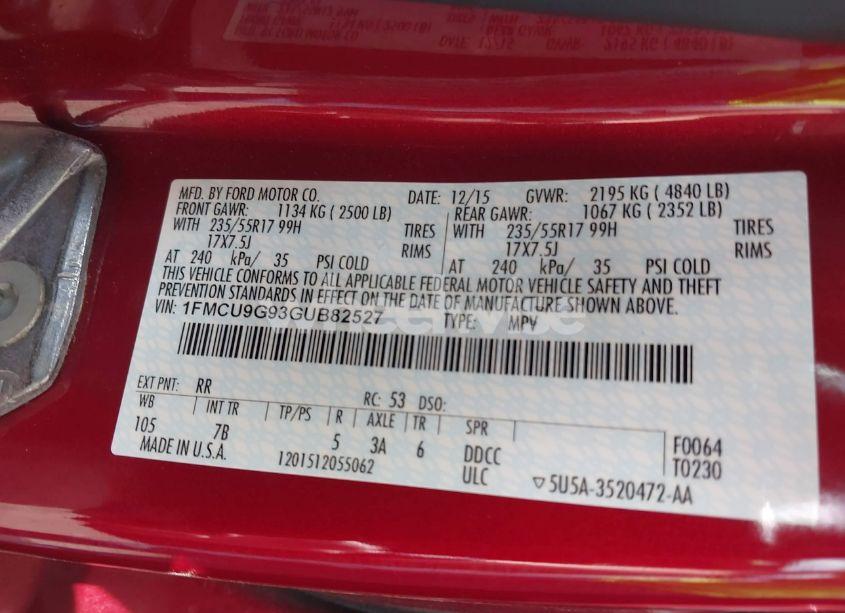 Photo 9 of 2016 Ford Escape SE (VIN 1FMCU9G93GUB82527)