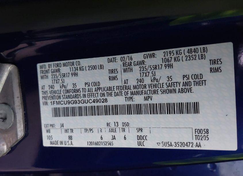 Photo 9 of 2016 Ford Escape SE (VIN 1FMCU9G93GUC49028)