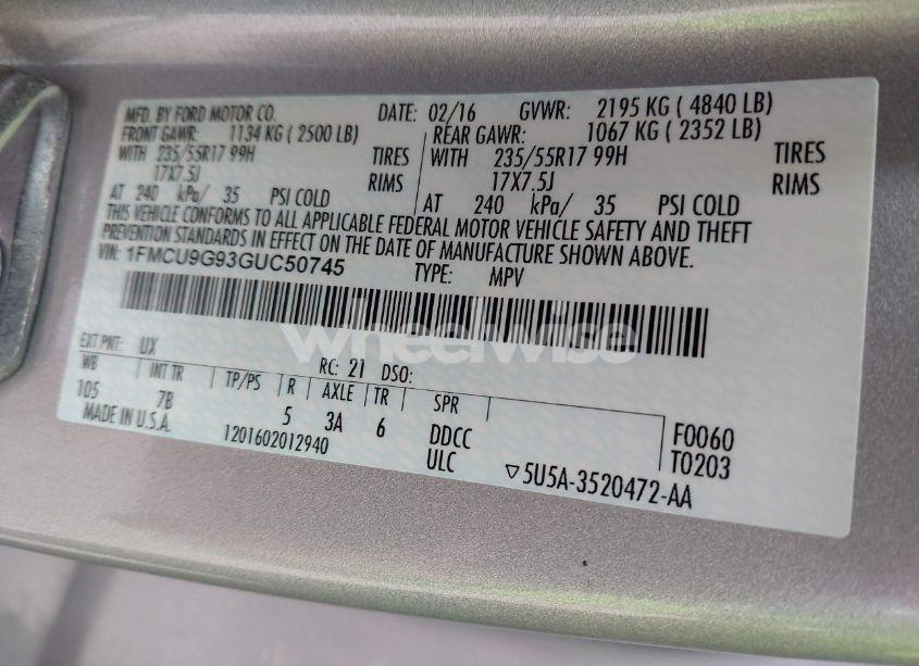 Photo 9 of 2016 Ford Escape SE (VIN 1FMCU9G93GUC50745)