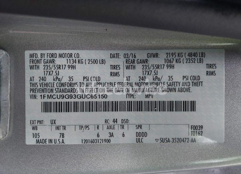 Photo 9 of 2016 Ford Escape SE (VIN 1FMCU9G93GUC65150)