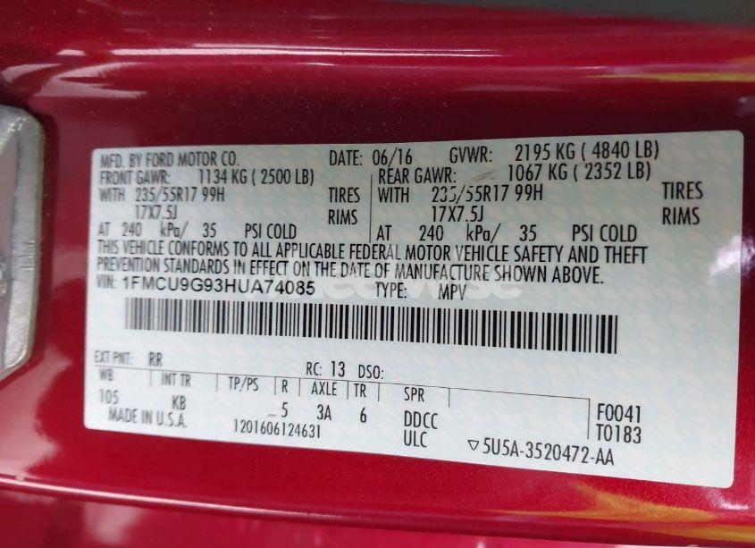 Photo 9 of 2017 Ford Escape SE (VIN 1FMCU9G93HUA74085)