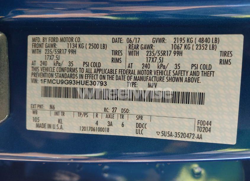 Photo 9 of 2017 Ford Escape SE (VIN 1FMCU9G93HUE30793)