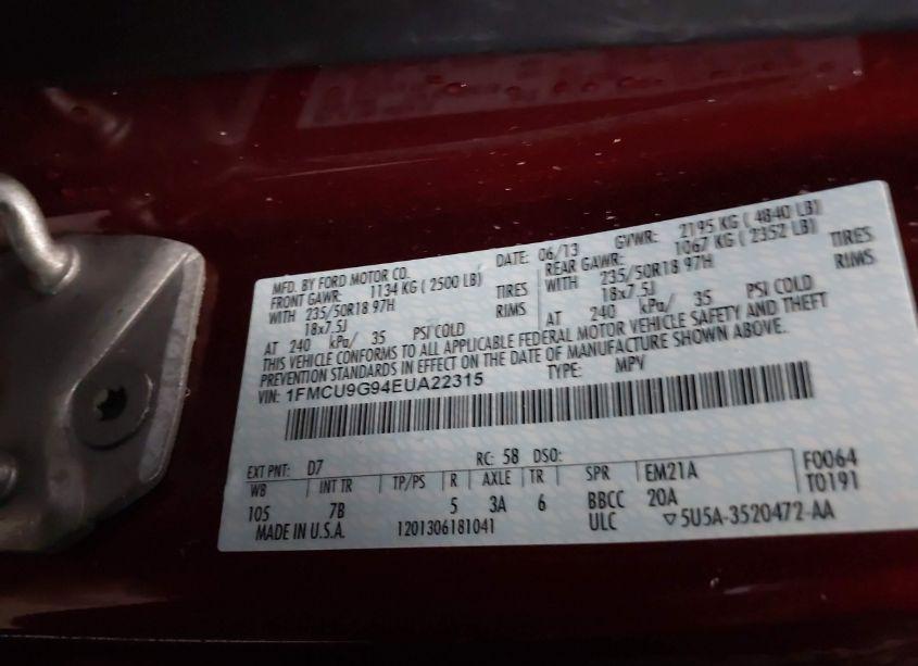 Photo 9 of 2014 Ford Escape SE (VIN 1FMCU9G94EUA22315)