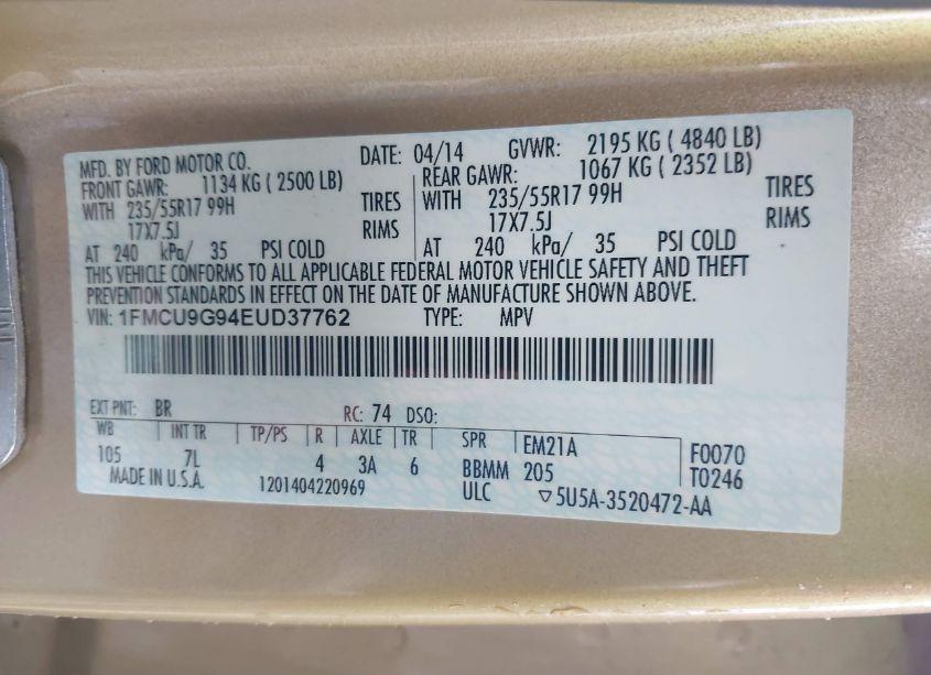 Photo 9 of 2014 Ford Escape SE (VIN 1FMCU9G94EUD37762)