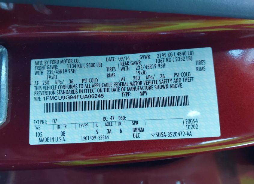 Photo 9 of 2015 Ford Escape SE (VIN 1FMCU9G94FUA06245)