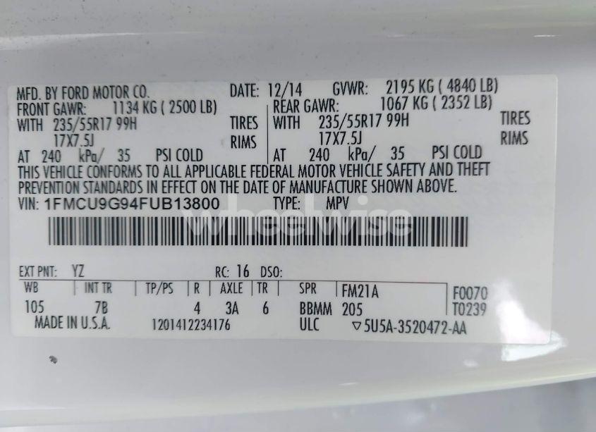 Photo 9 of 2015 Ford Escape SE (VIN 1FMCU9G94FUB13800)