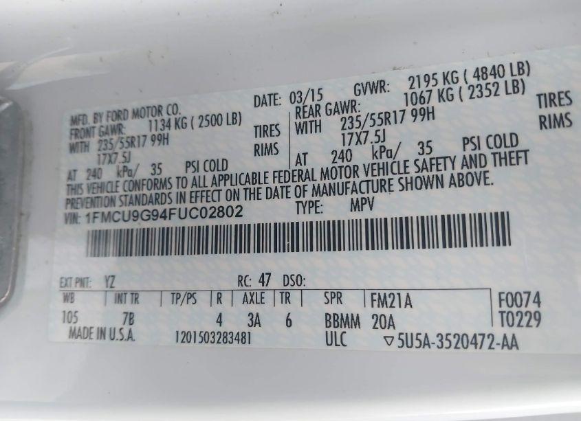 Photo 9 of 2015 Ford Escape SE (VIN 1FMCU9G94FUC02802)