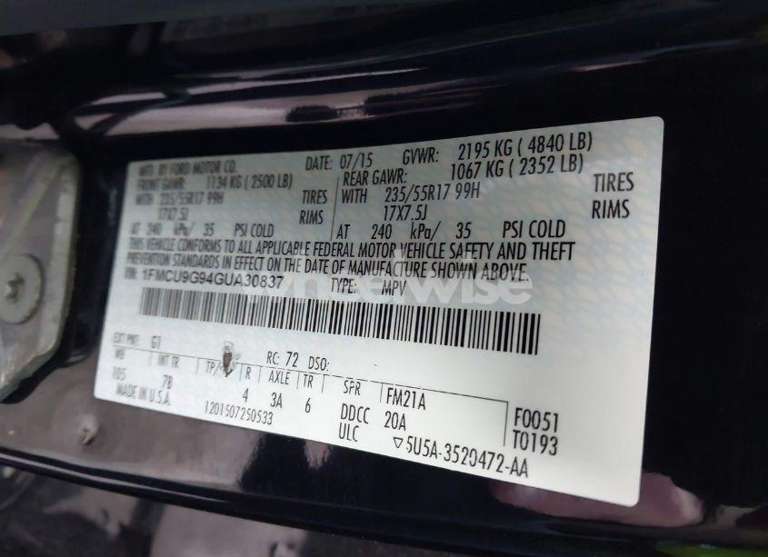 Photo 9 of 2016 Ford Escape SE (VIN 1FMCU9G94GUA30837)