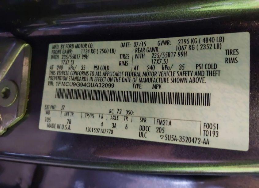 Photo 9 of 2016 Ford Escape SE (VIN 1FMCU9G94GUA32099)