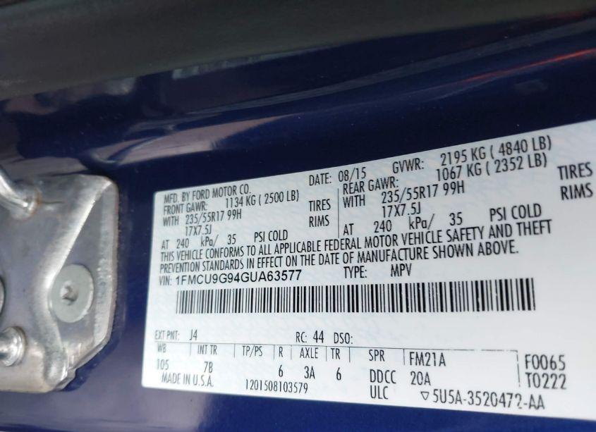 Photo 9 of 2016 Ford Escape SE (VIN 1FMCU9G94GUA63577)