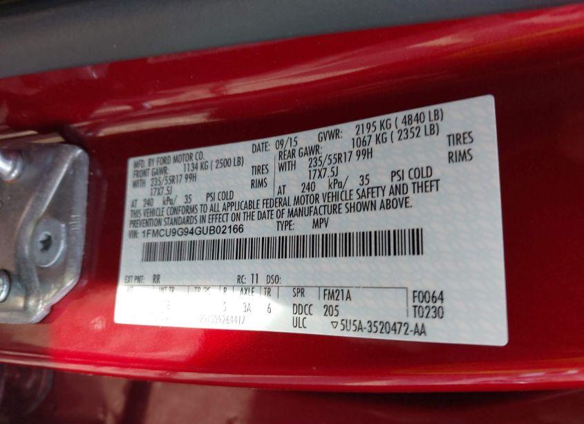 Photo 9 of 2016 Ford Escape SE (VIN 1FMCU9G94GUB02166)