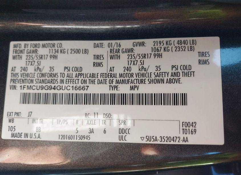 Photo 9 of 2016 Ford Escape SE (VIN 1FMCU9G94GUC16667)