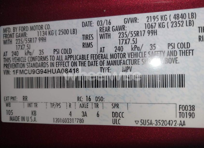 Photo 9 of 2017 Ford Escape SE (VIN 1FMCU9G94HUA08418)