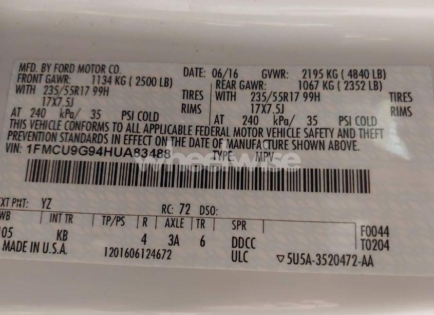 Photo 9 of 2017 Ford Escape SE (VIN 1FMCU9G94HUA83488)