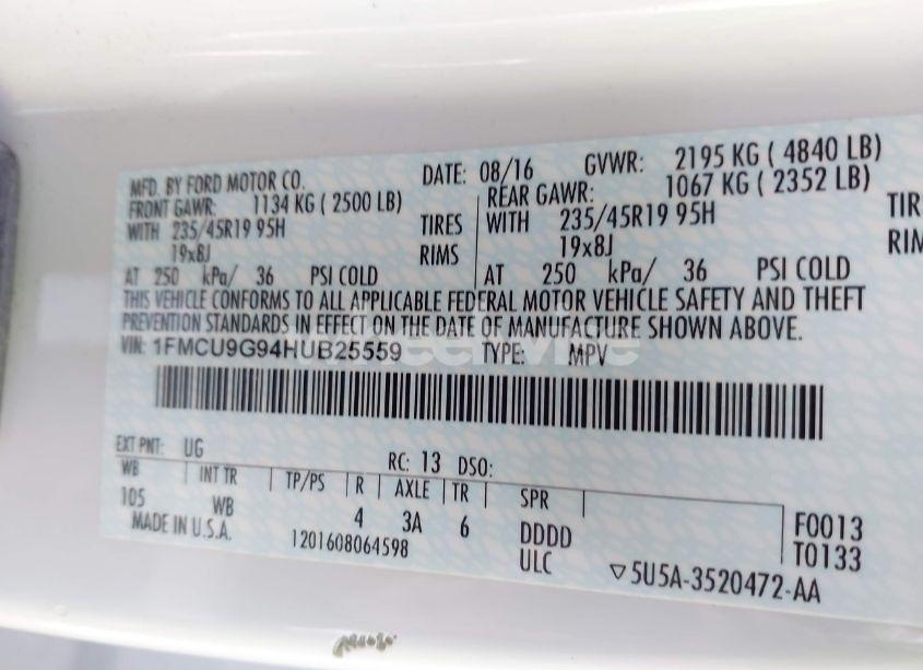 Photo 9 of 2017 Ford Escape SE (VIN 1FMCU9G94HUB25559)