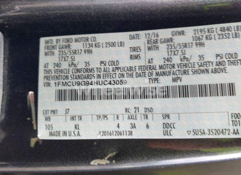 Photo 9 of 2017 Ford Escape SE (VIN 1FMCU9G94HUC43059)