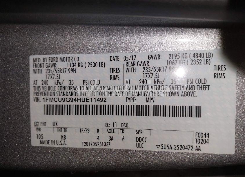 Photo 9 of 2017 Ford Escape SE (VIN 1FMCU9G94HUE11492)