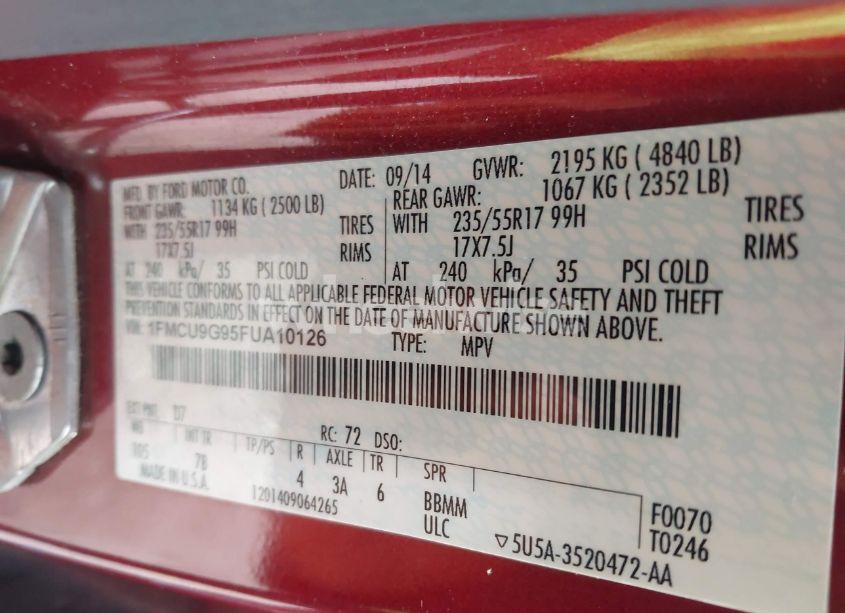 Photo 9 of 2015 Ford Escape SE (VIN 1FMCU9G95FUA10126)