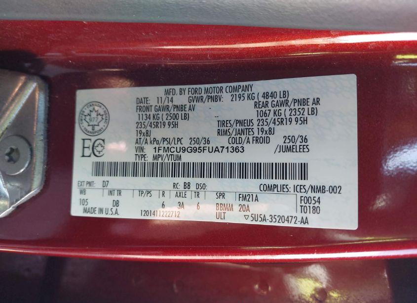 Photo 9 of 2015 Ford Escape SE (VIN 1FMCU9G95FUA71363)