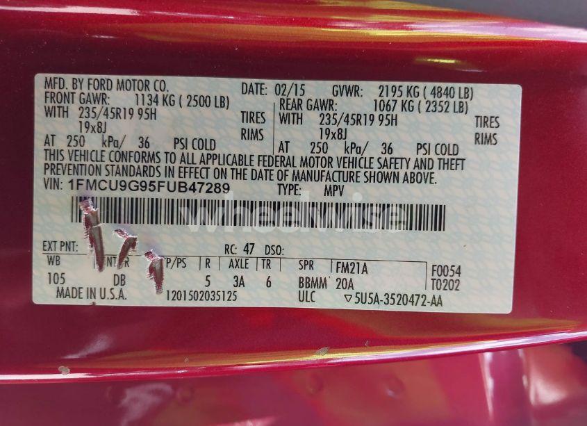 Photo 9 of 2015 Ford Escape SE (VIN 1FMCU9G95FUB47289)