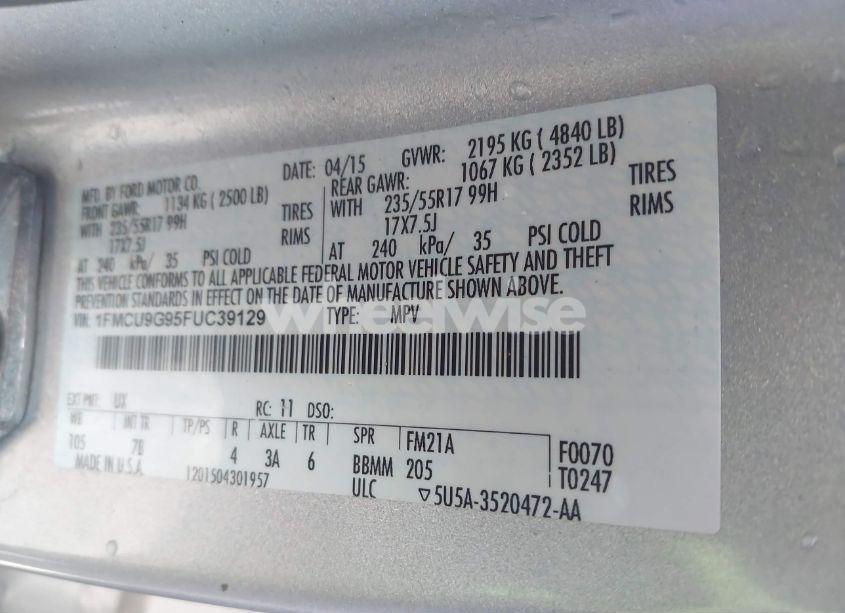 Photo 9 of 2015 Ford Escape SE (VIN 1FMCU9G95FUC39129)