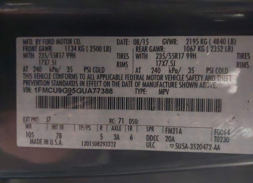 Photo 9 of 2016 Ford Escape SE (VIN 1FMCU9G95GUA77388)