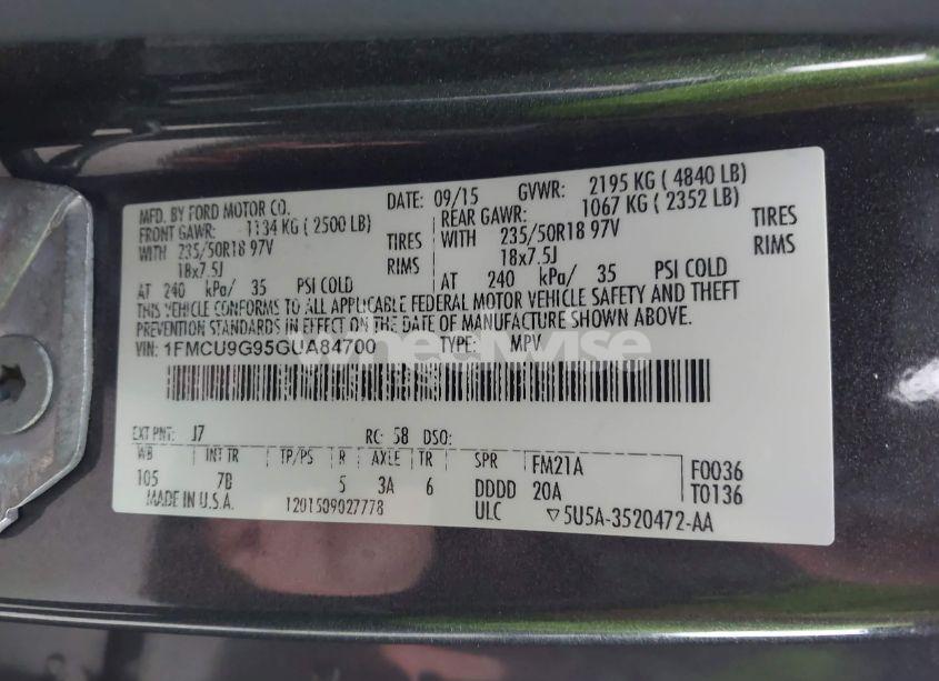 Photo 9 of 2016 Ford Escape SE (VIN 1FMCU9G95GUA84700)