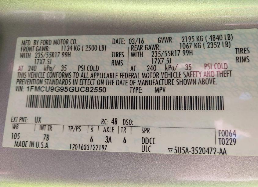 Photo 9 of 2016 Ford Escape SE (VIN 1FMCU9G95GUC82550)