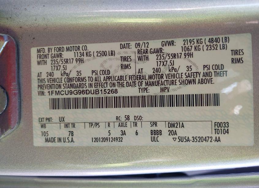 Photo 9 of 2013 Ford Escape SE (VIN 1FMCU9G96DUB15268)