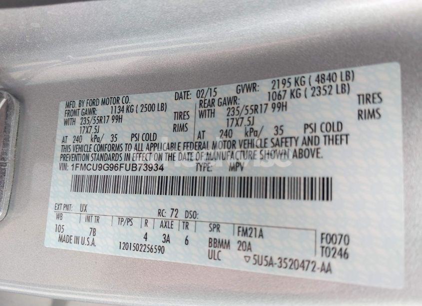 Photo 9 of 2015 Ford Escape SE (VIN 1FMCU9G96FUB73934)