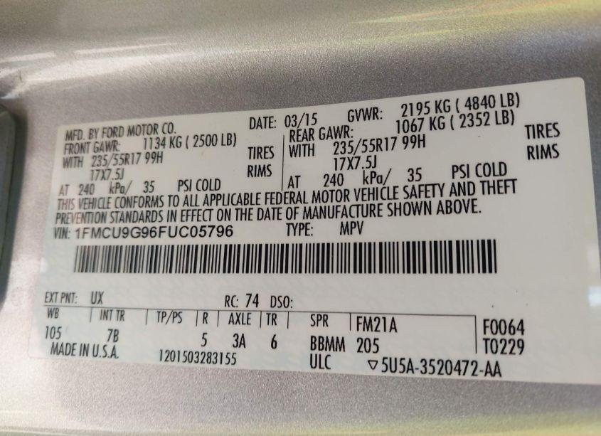 Photo 9 of 2015 Ford Escape SE (VIN 1FMCU9G96FUC05796)